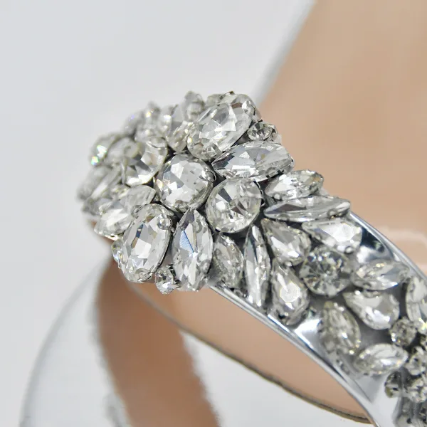 Charmant Silber Strass Pailletten Brautschuhe 2023 Knöchelriemen 8 cm Thick Heels Peeptoes Hochzeit Sandaletten Hochhackige