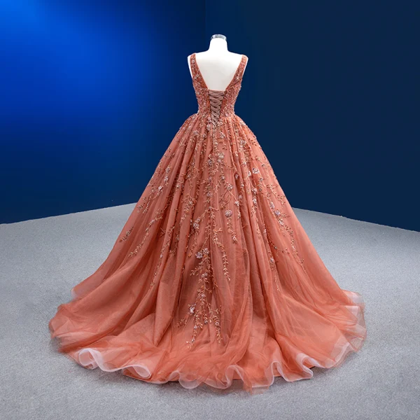 High-end Orange Beading Sequins Prom Dresses 2022 Ball Gown V-Neck Sleeveless Backless Sweep Train Prom Formal Dresses High-end Orange Beading Sequins Prom Dresses 2022 Ball Gown V-Neck Sleeveless Backless Sweep Train Prom Formal Dresses