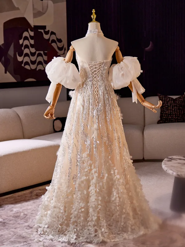 Charming Bling Bling Champagne Beading Rhinestone Appliques Prom Dresses 2025 A-Line / Princess Strapless Short Sleeve Backless Floor-Length / Long Formal Dresses