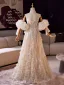 Charming Bling Bling Champagne Beading Rhinestone Appliques Prom Dresses 2025 A-Line / Princess Strapless Short Sleeve Backless Floor-Length / Long Formal Dresses