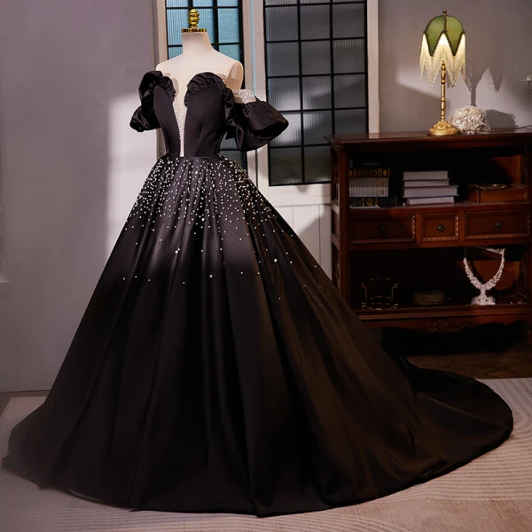 Elegant Black Pearl Satin Prom Dresses 2023 Ball Gown Off-The-Shoulder Puffy Short Sleeve Backless Court Train Prom Formal Dresses
