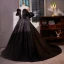 Elegant Black Pearl Satin Prom Dresses 2023 Ball Gown Off-The-Shoulder Puffy Short Sleeve Backless Court Train Prom Formal Dresses