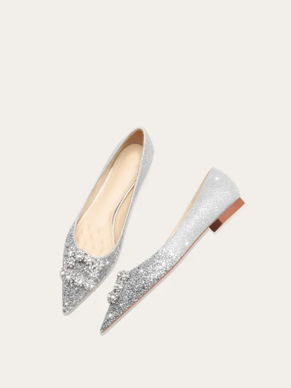 Sparkly Silver Rhinestone Sequins Flat Pointed Toe Wedding Shoes 2024