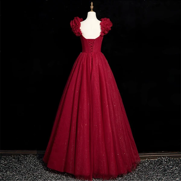 Charming Burgundy Beading Sequins Evening Dresses 2023 A-Line / Princess Puffy Off-The-Shoulder Short Sleeve Backless Floor-Length / Long Evening Party Formal Dresses
