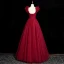 Charming Burgundy Beading Sequins Evening Dresses 2023 A-Line / Princess Puffy Off-The-Shoulder Short Sleeve Backless Floor-Length / Long Evening Party Formal Dresses