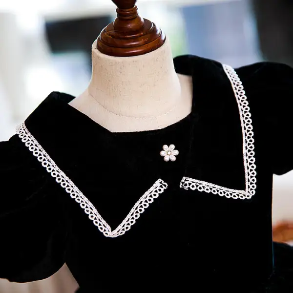 Chic / Beautiful Black Suede Birthday Flower Girl Dresses 2022 Ball Gown Scoop Neck Puffy Short Sleeve Pearl Floor-Length / Long Flower Girl Dresses