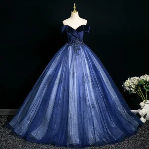 Élégant Océan Bleu Perlage En Dentelle Fleur Robe De Bal 2025 Robe Boule De L Épaule Manches Courtes Dos Nu Longue Promo Robe De Ceremonie