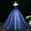 Elegant Ocean Blue Beading Lace Flower Prom Dresses 2025 Ball Gown Off-The-Shoulder Short Sleeve Backless Floor-Length / Long Prom Formal Dresses