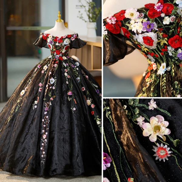Flower Fairy Black Appliques Lace Flower Glitter Prom Dresses 2023 Off-The-Shoulder Short Sleeve Backless Floor-Length / Long Formal Dresses