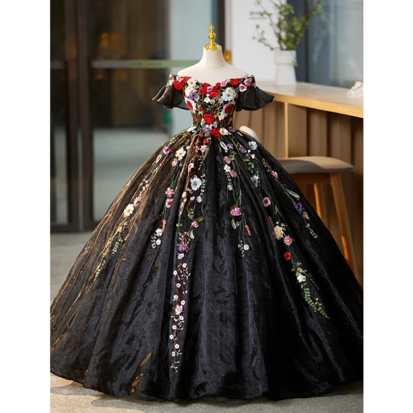 Flower Fairy Black Appliques Lace Flower Glitter Prom Dresses 2023 Off-The-Shoulder Short Sleeve Backless Floor-Length / Long Formal Dresses