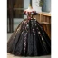 Flower Fairy Black Appliques Lace Flower Glitter Prom Dresses 2023 Off-The-Shoulder Short Sleeve Backless Floor-Length / Long Formal Dresses