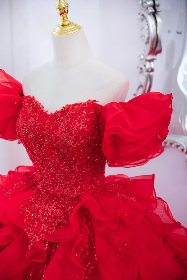 Chic / Beautiful Red Pearl Sequins Cascading Ruffles Prom Dresses 2024 Ball Gown Off-The-Shoulder Short Sleeve Backless Floor-Length / Long Prom Formal Dresses