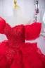 Chic / Beautiful Red Pearl Sequins Cascading Ruffles Prom Dresses 2024 Ball Gown Off-The-Shoulder Short Sleeve Backless Floor-Length / Long Prom Formal Dresses