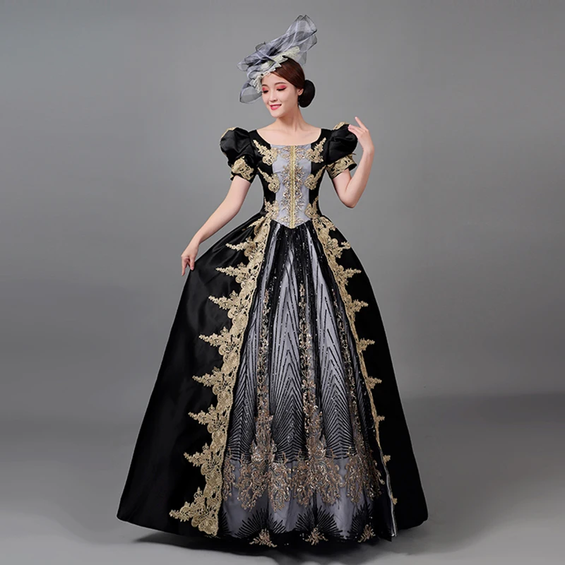 Vintage Retro Medieval Black Beading Sequins Lace Flower Prom Dresses 2022 Ball Gown