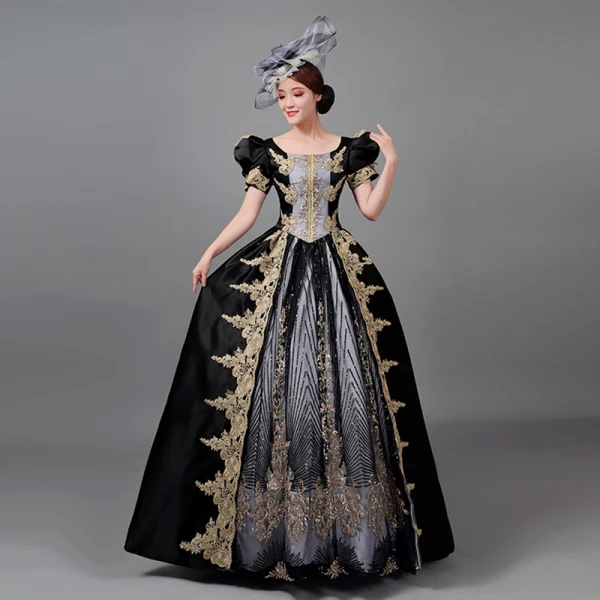 Vintage / Retro Medieval Black Beading Sequins Lace Flower Prom Dresses 2022 Ball Gown U-Neck Puffy Short Sleeve Floor-Length / Long Formal Dresses