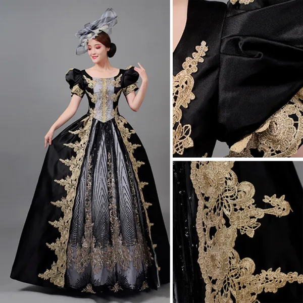 Vintage / Retro Medieval Black Beading Sequins Lace Flower Prom Dresses 2022 Ball Gown U-Neck Puffy Short Sleeve Floor-Length / Long Formal Dresses