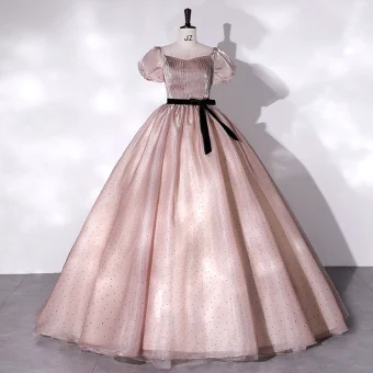 Élégant Rougissant Rose Tachetée Robe De Bal 2022 Robe Boule De L Épaule Gonflée Manches Courtes Dos Nu Ceinture Noeud Longue Robe De Ceremonie