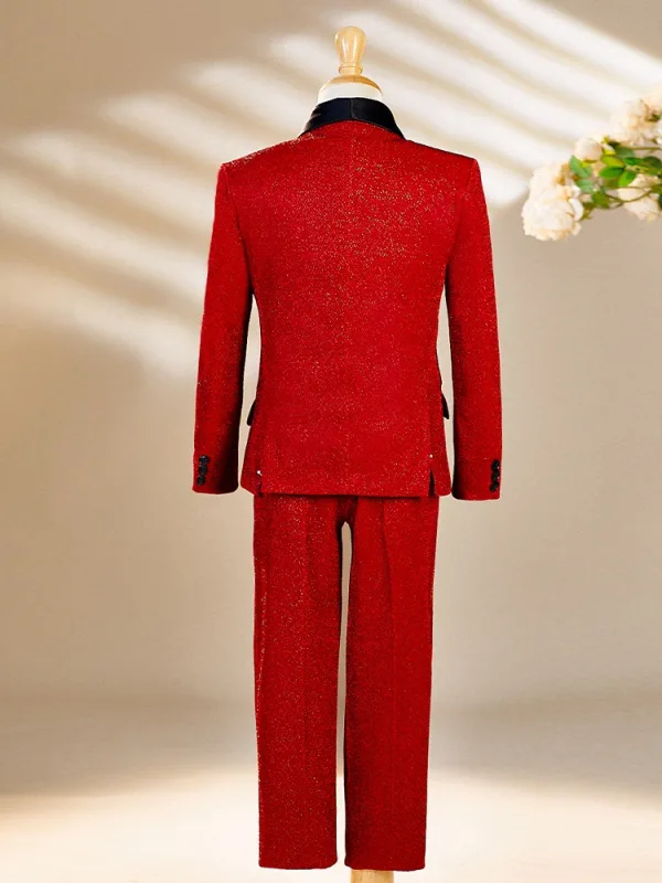 Fall Winter Red Glitter 6-piece Long Sleeve Boys Wedding Suits 2025 Body Jewellery Coat Necklace Pants Shirt Tie