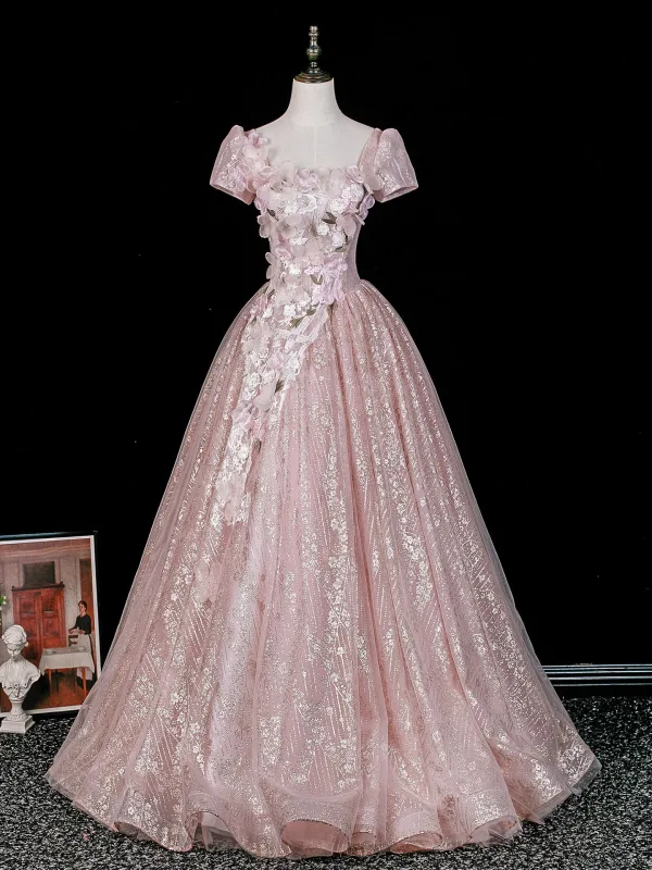 Blumenfee Rosa Perlenstickerei Pailletten Spitze Blumen Applikationen Ballkleider 2026 Ballkleid Eckiger Ausschnitt Rückenfreies Kurze Ärmel