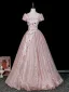 Blumenfee Rosa Perlenstickerei Pailletten Spitze Blumen Applikationen Ballkleider 2026 Ballkleid Eckiger Ausschnitt Rückenfreies Kurze Ärmel