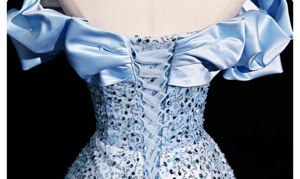 Glitzernden Himmelblau Perlenstickerei Perle Pailletten Ballkleider 2025 A Linie Off Shoulder Kurze Ärmel Rückenfreies Sweep / Pinsel Zug Ball Festliche Kleider