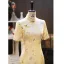 Chinese style Yellow Printing Prom Cheongsam 2025 Trumpet / Mermaid Silk High Neck Short Sleeve Tea-length