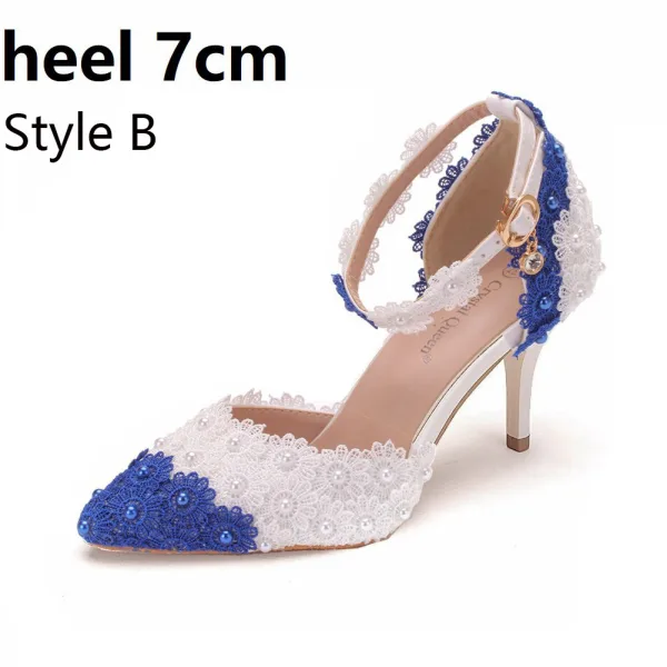 Elegant Two Tone White Pearl Lace Flower Prom Womens Sandals 9 cm Stiletto Heels Pointed Toe High Heels