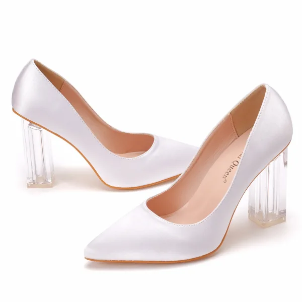 Chic / Beautiful White Transparent Crystal Prom Pumps 2023 Satin 9 cm Stiletto Heels Pointed Toe Pumps High Heels