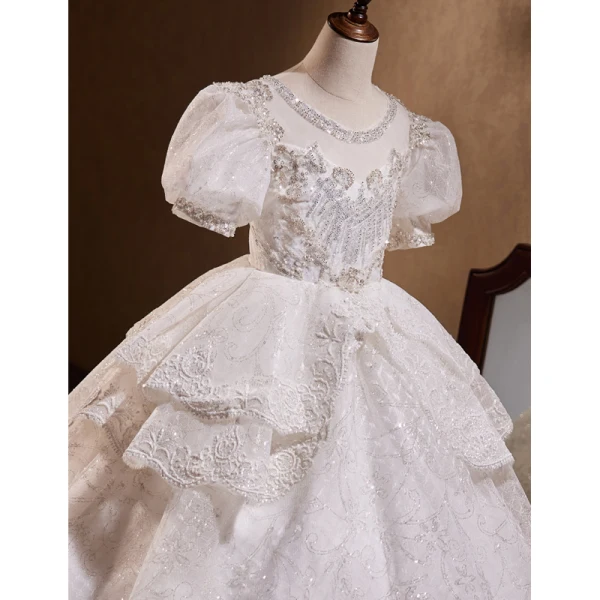 Charming White Beading Pearl Sequins Cascading Ruffles Birthday Flower Girl Dresses 2023 Ball Gown Scoop Neck Puffy Short Sleeve Floor-Length / Long Flower Girl Dresses
