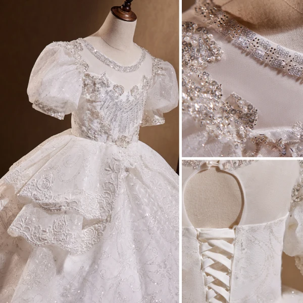 Charming White Beading Pearl Sequins Cascading Ruffles Birthday Flower Girl Dresses 2023 Ball Gown Scoop Neck Puffy Short Sleeve Floor-Length / Long Flower Girl Dresses
