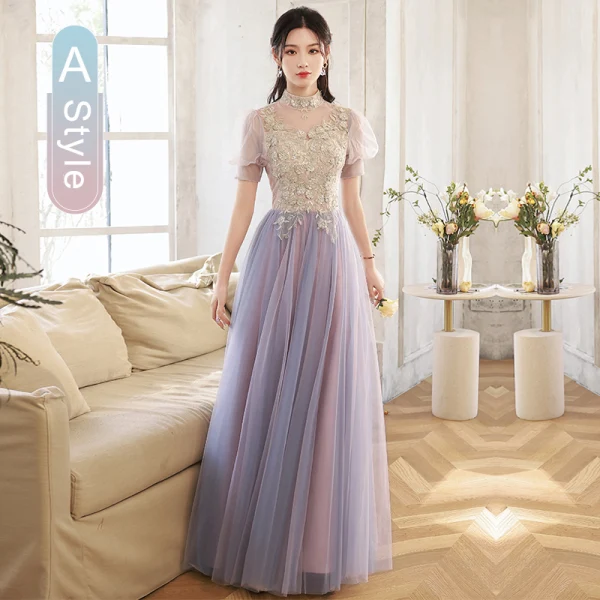 Elegant Purple Lace Flower Bridesmaid Dresses 2022 A-Line / Princess Beading Pearl Sequins Short Sleeve Backless Floor-Length / Long Bridesmaid Wedding Party Dresses