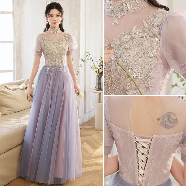 Elegant Purple Lace Flower Bridesmaid Dresses 2022 A-Line Princess Beading Pearl Sequins