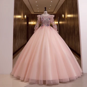 Élégant Rougissant Rose Perlage Paillettes En Dentelle Fleur Robe De Bal 2022 Robe Boule Encolure Dégagée Manches Longues Dos Nu Longue Robe De Ceremonie
