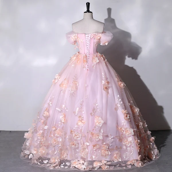 Flower Fairy Blushing Pink Appliques Prom Dresses 2023 Ball Gown Off-The-Shoulder Outdoor / Garden Short Sleeve Backless Floor-Length / Long Prom Formal Dresses