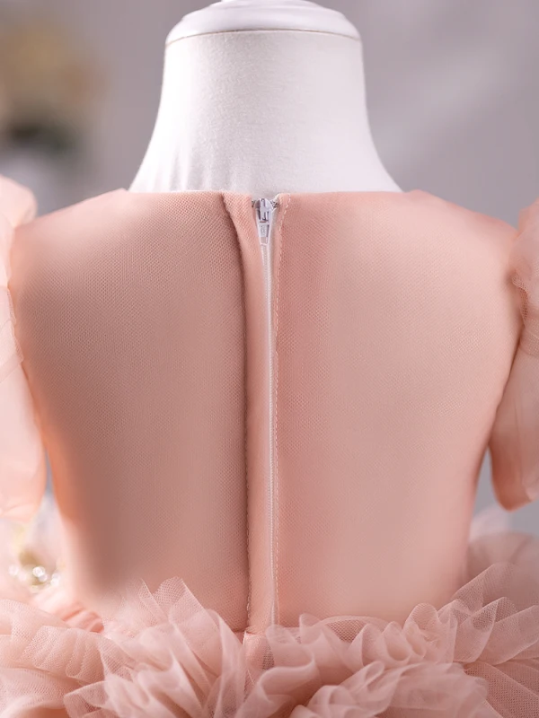 Chic / Beautiful Blushing Pink Pearl Rhinestone Short Birthday Cascading Ruffles Flower Girl Dresses 2023 Ball Gown Scoop Neck Puffy Short Sleeve Tulle