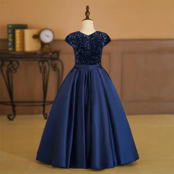 Vintage / Retro Navy Blue Sequins Birthday Flower Girl Dresses 2024 A-Line / Princess V-Neck Sleeveless Bow Sash Floor-Length / Long