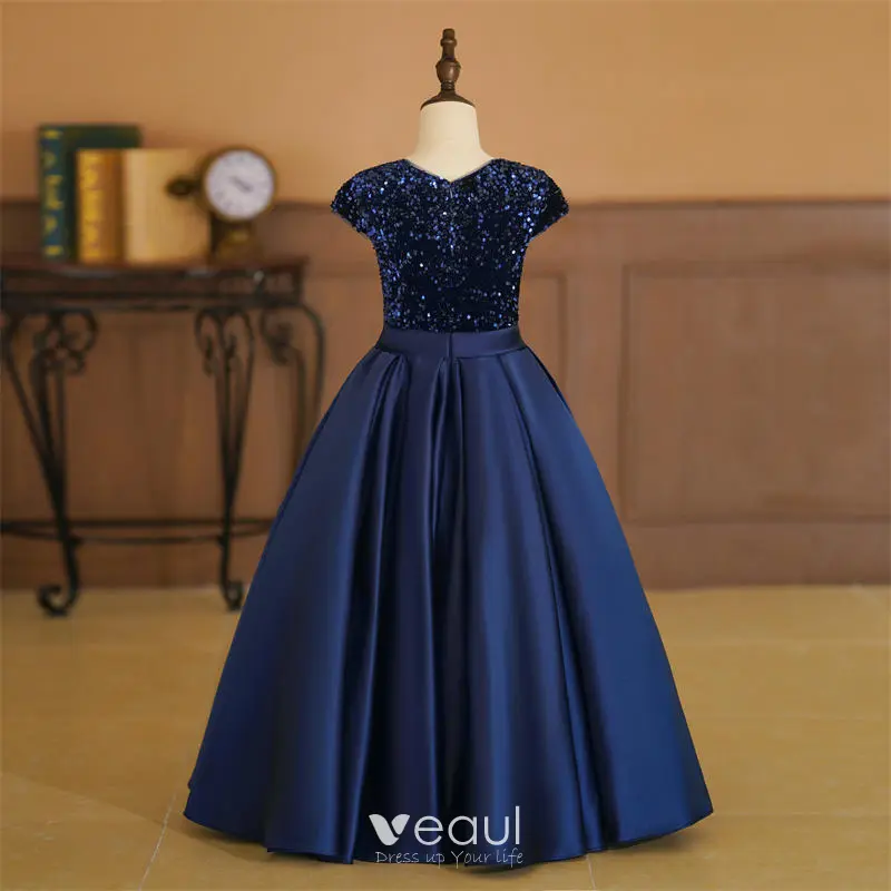 Vintage / Retro Navy Blue Sequins Birthday Flower Girl Dresses 2024 A-Line  / Princess V-Neck Sleeveless Bow Sash Floor-Length / Long