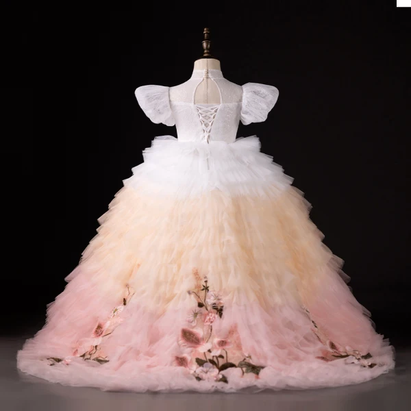 Chic / Beautiful Gradient-Color Blushing Pink Appliques Cascading Ruffles Birthday Flower Girl Dresses 2024 Ball Gown Pearl High Neck Puffy Short Sleeve Floor-Length / Long