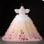 Chic / Beautiful Gradient-Color Blushing Pink Appliques Cascading Ruffles Birthday Flower Girl Dresses 2024 Ball Gown Pearl High Neck Puffy Short Sleeve Floor-Length / Long