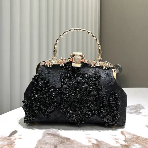 Vintage Schwarz Stickerei Ball Handtasche Clutch Tasche 2024