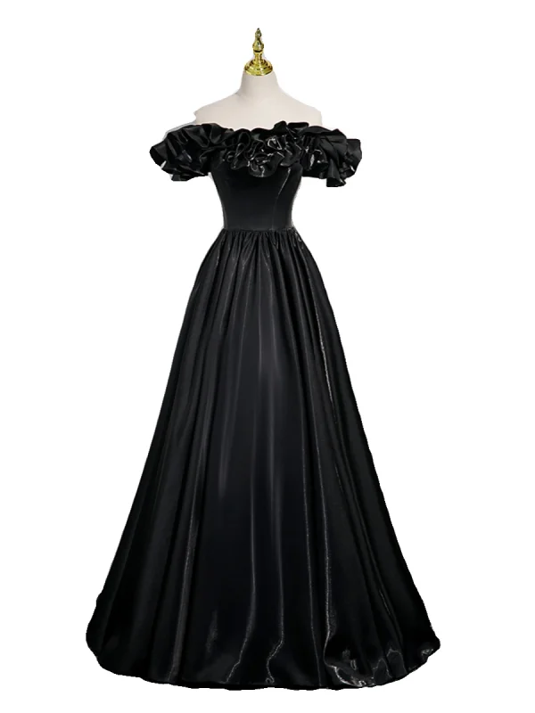 Elegant Black Prom Dresses 2023 A-Line / Princess Ruffle Off-The-Shoulder Short Sleeve Backless Floor-Length / Long Prom Formal Dresses