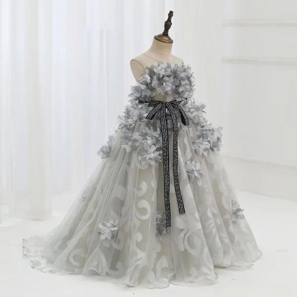 Fashion Grey Appliques Prom Flower Girl Dresses 2022 A-Line / Princess Scoop Neck Sleeveless Bow Sash Sweep Train Flower Girl Dresses