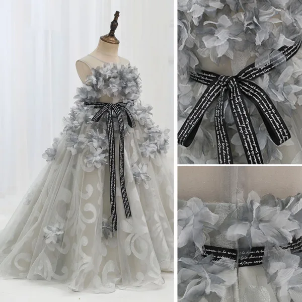 Fashion Grey Appliques Prom Flower Girl Dresses 2022 A-Line / Princess Scoop Neck Sleeveless Bow Sash Sweep Train Flower Girl Dresses