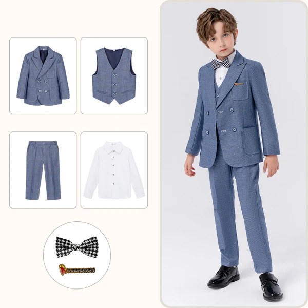 Pool Blue 6-piece Long Sleeve Wedding Boys Wedding Suits 2024 Body Jewellery Coat Pants Shirt Tie Vest