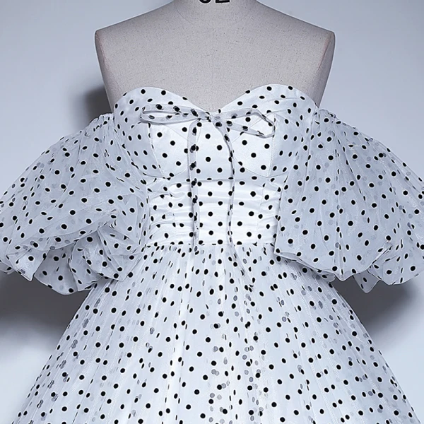 Fashion White Spotted Prom Dresses 2023 A-Line / Princess Off-The-Shoulder Short Sleeve Backless Floor-Length / Long Prom Formal Dresses