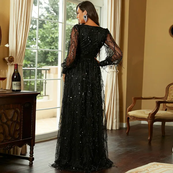 Sexy Black Beading Sequins Split Front Evening Dresses 2022 Trumpet / Mermaid V-Neck Long Sleeve Evening Party Floor-Length / Long Formal Dresses