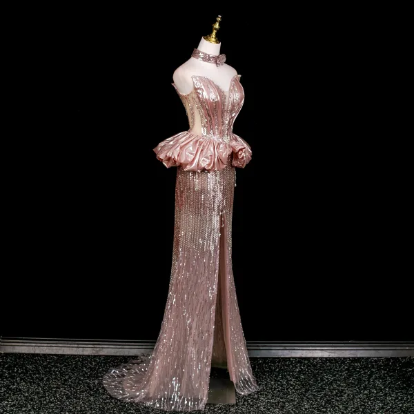 Sexy Rødmende Rosa Rhinestone Paljetter Asymmetrisk Selskapskjoler 2025 Trompet / Havfrue Kjæreste Uten Ermer Ryggløse Feie Tog Formelle Kjoler