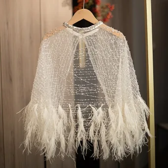 High End Vintage Retro White Handmade Beading Pearl Sequins Feather Prom Shawl 2025