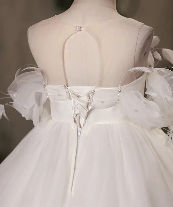 Elegant White Pearl Birthday Flower Girl Dresses 2024 Ball Gown Scoop Neck Short Sleeve Backless Floor-Length / Long Tulle