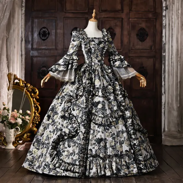 Vintage / Retro Medieval Black Printing Rhinestone Halloween Prom Dresses 2026 Ball Gown Square Neckline Bell sleeves Floor-Length / Long Formal Dresses